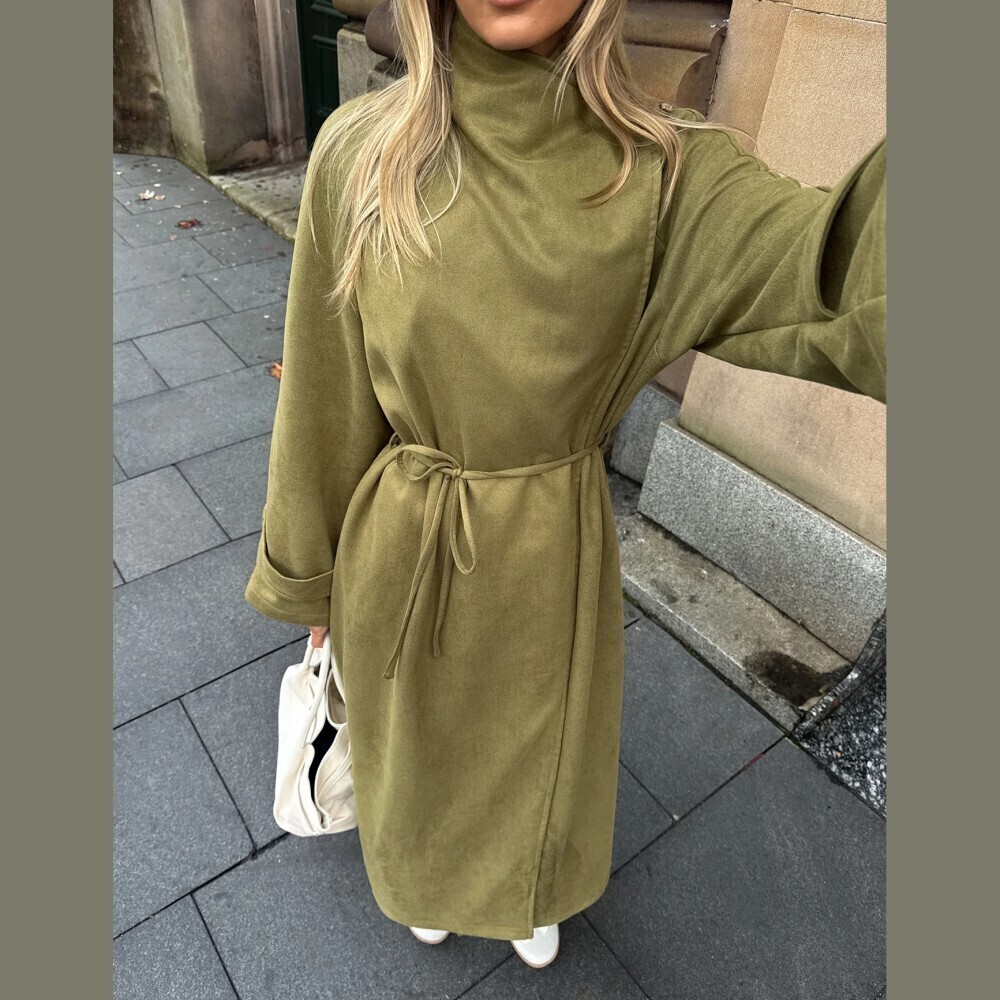 Olive Green Faux Suede Stand Collar Tie Waist Long Single Breast Trench Coat